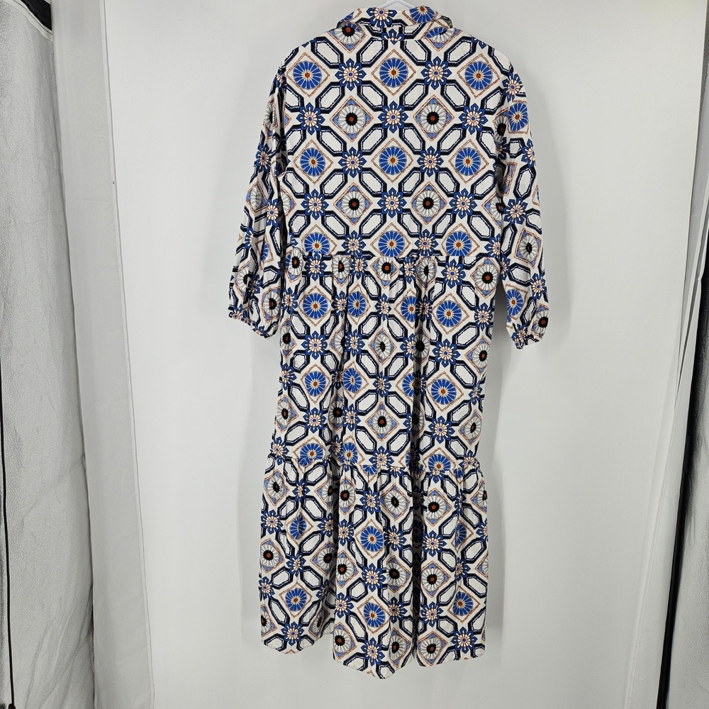 Maeve Anthropologie Bettina Tiered Shirt Dress Blue White Geometric Tile Print M - Picture 8 of 10